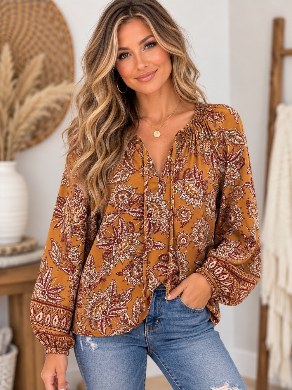 Evereve Mustard Paisley Tie-Front Peasant Blouse